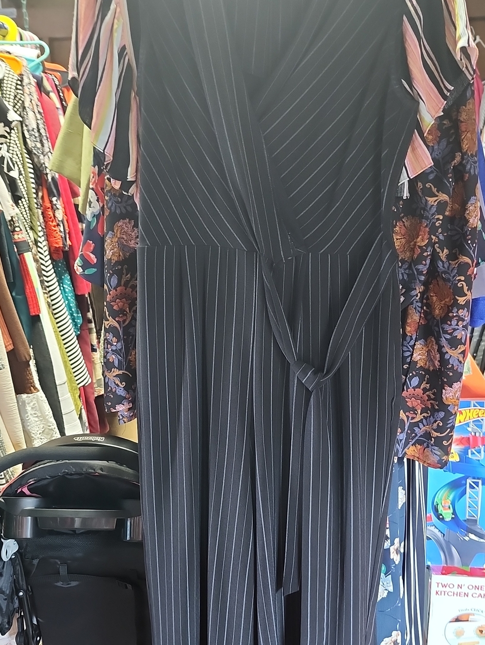 Emma & Michele Black Pinstripe Wide-Leg Jumpsuit with Waist Tie
